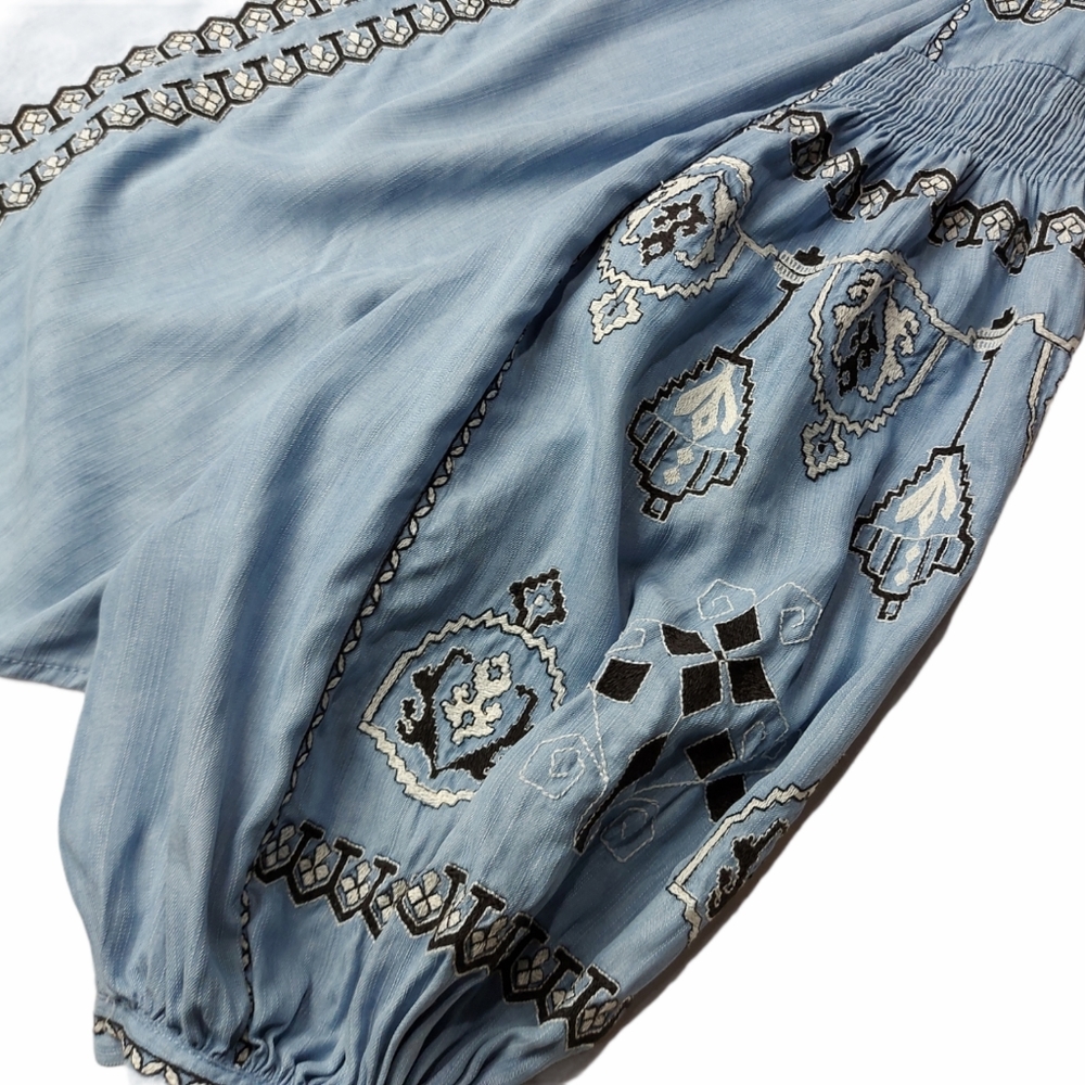 Light Blue Embroidered V-Neck Women's Top - Picture 7 of 13